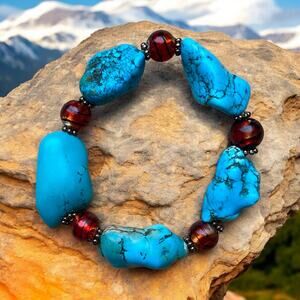 Chunky Turquoise Nugget Stretch Bracelet Bohemian Western Boho Southwestern